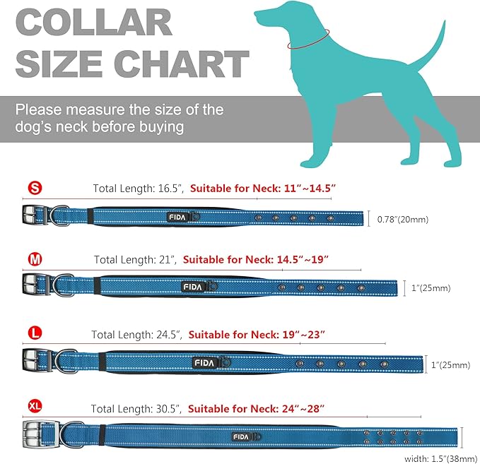 Fida Heavy Duty Dog Collar, Ultra Comfortable Soft Neoprene Padded, Adjustable Reflective Nylon Pet Collar with Durable Metal Belt Buckle for Large Breeds (L, Blue)