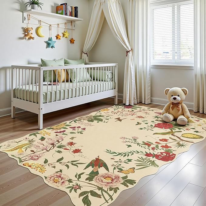 Rugflix 5x7 Floral Area Rug for Living Room, Bedroom, Machine Washable Rugs with Non-Slip Backing, Indoor Low Pile Carpet for Dining Room, Nursery, Kids Pet Friendly