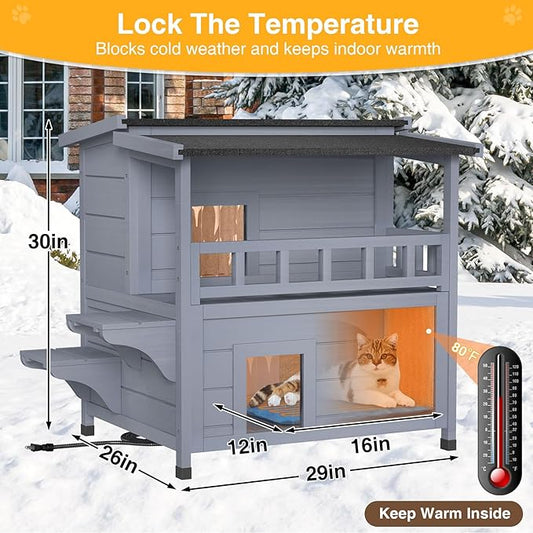 Heated Cat House for Outside - Wooden Outdoor Cat House Weatherproof, 2-Story Insulated Cat Houses with Balcony, Winter Warm Feral Cat Shelter with Heated Pad, for Multiple Kitties