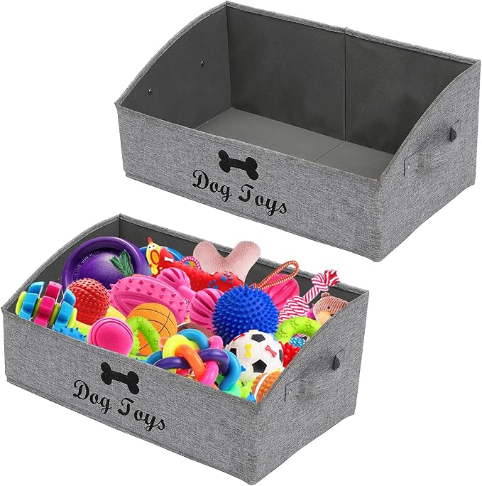 Geyecete 2 Pack Large Dog Toy Bin - Foldable Fabric Trapezoid Organizer Boxes with Handle for Dog Toys (Snow Gray)