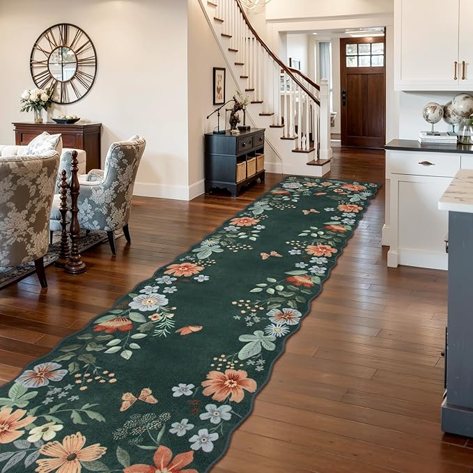 Lahome Floral Hallway Runner Rug Non Slip, 2'6''x10' Washable Runner Rug Soft Ultra-Thin Soft Runners for Hallways, Kitchen Runners Distressed Carpet for Entryway Bathroom(Dark Green)