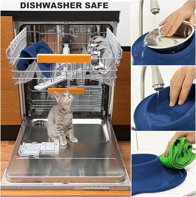 AsFrost Dog Food Bowls Stainless Steel Dog Food and Water Bowl Set, Dog Bowls No Spill Non Slip Silicone Mat, Dog Dishes for Small Medium Size Dogs Cat Puppy Pet Food Feeding Bowls, Blue, 12oz