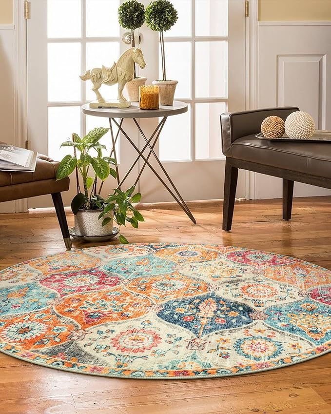 Lahome Moroccan Trellis Round Area Rugs, Washable Small Round Rug 3ft Non-Slip, Soft Vintage Ultra-Thin Circle Carpet for Bedroom Entryway Kitchen Laundry Bathroom, Cream/Multi