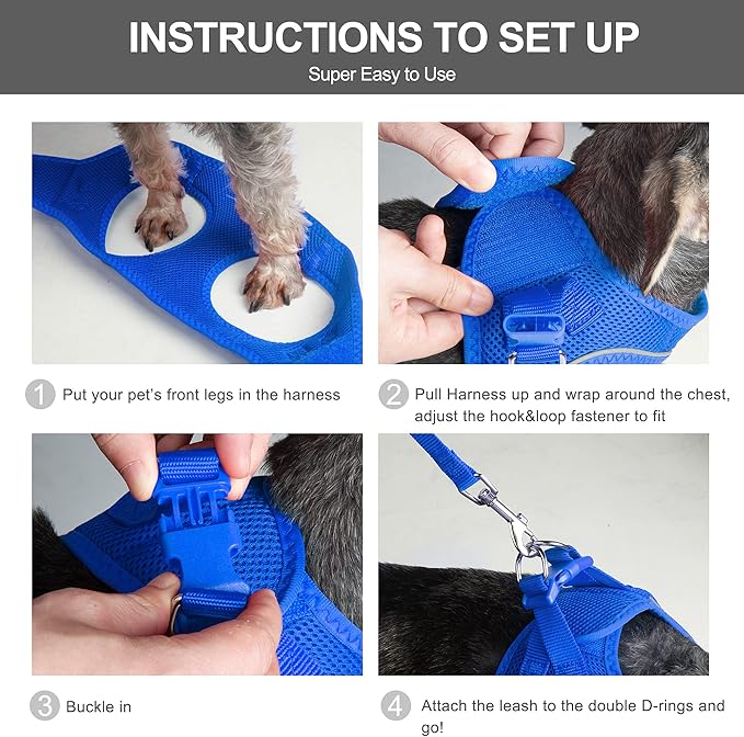 Fida Comfy Dog Harness with Leash, Cat Vest Harness Escape Proof, Breathable Lightweight Soft Mesh, Adjustable Reflective Step-in Harness for Puppy Toy Breeds & Extra-Small Pet (XXS, Blue)