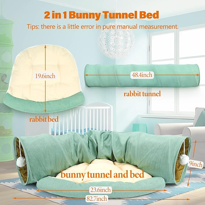 BWOGUE Bunny Tunnel Bed, 2-in-1 Collapsible Tunnel Tubes Toys with Removable Mat Hideout for Cats Kittens Rabbits Guinea Pigs Kitty