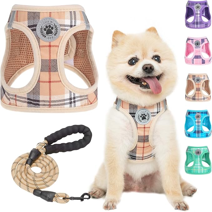 BEAUTYZOO Small Dog Harness and Leash Set,Step in No Choke No Pull Soft Mesh Dog Harnesses Reflective for Extra-Small/Small Medium Puppy Dogs and Cats, Plaid Dog Vest Harness for XS S Pets, Beige XXS