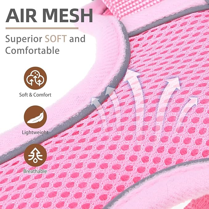 PUPTECK Small Dog Harness and Leash Set, No Pull Adjustable Puppy Cat Harness, Reflective Soft Mesh Pet Vest Small Sized, Pink, L