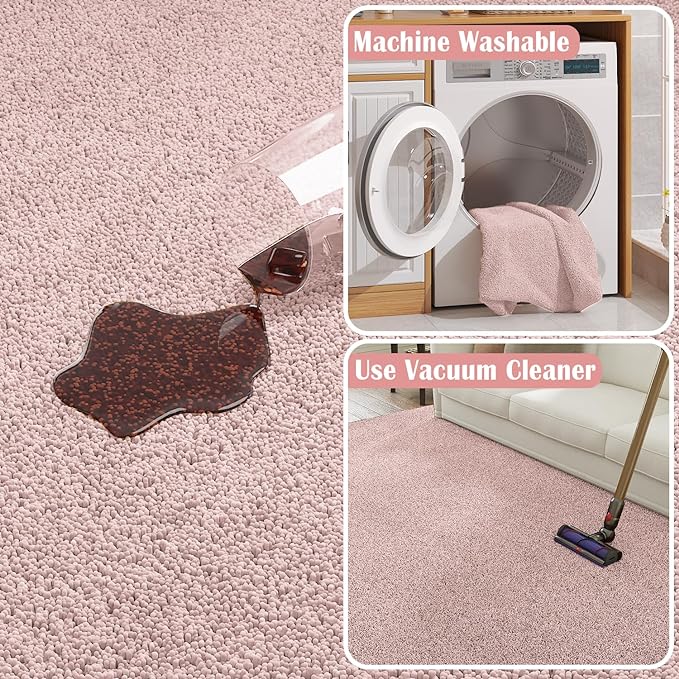 jinchan Solid Plush Area Rug 5x7 Performance Shaggy Washable Rug Indoor Soft Modern Faux Wool Cozy Non Slip Carpet for Living Room Kids Room Bedroom Dining Room Nursery Pink