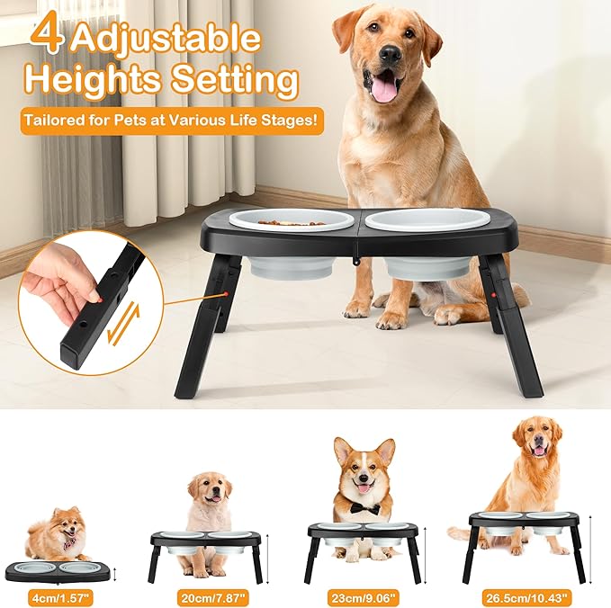 Adjustable Elevated Dog Bowls Stand – 4-Level Height Portable Feeder with Collapsible Silicone Bowls, Non-Slip Base for Medium & Large Dogs – Travel Dog Bowl & Water Dish