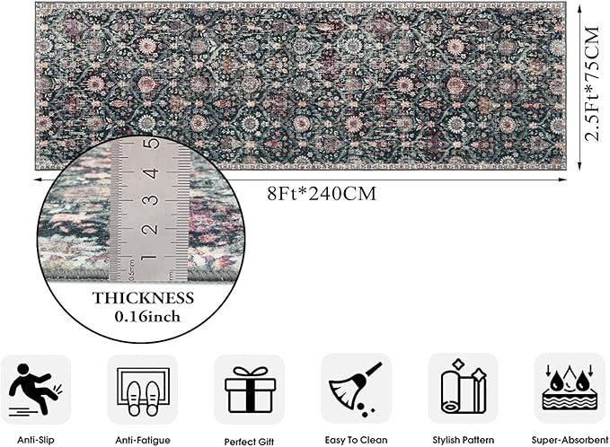 Lahome Moroccan Hallway Rug, 2'5''x8' Kitchen Runner Rugs Non Skid Washable Runners for Hallways, Ultra-Thin Oriental Carpet for Entryway Laundry Room Bedroom Bathroom, Black/Multi