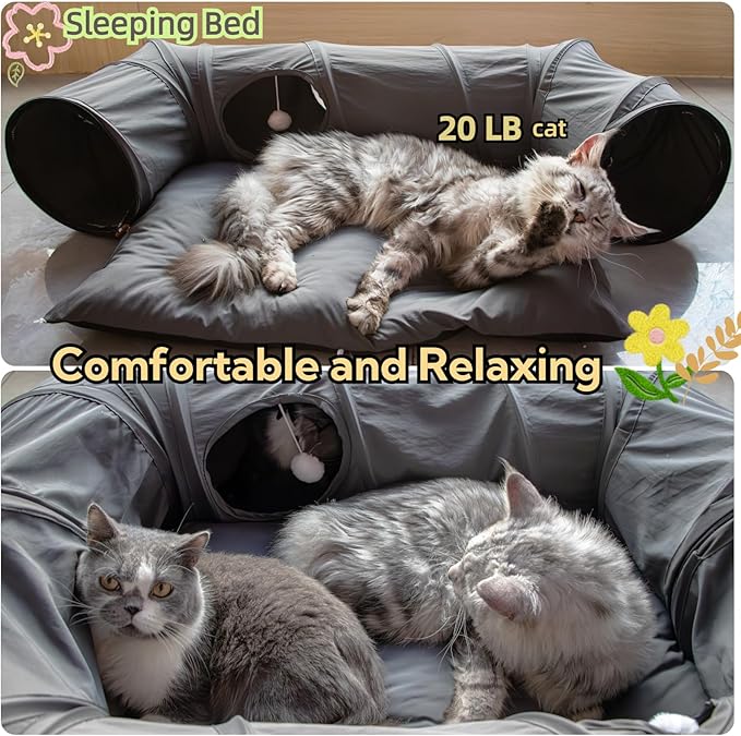 XxingSheep 4 Ways Shuttled XL Cat Tunnel Bed for Indoor Cats Peekaboo Cat Cave Donut with Cool Mat (Dark Gray)