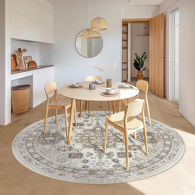 Ultra-Thin Washable 4ft Round Rug - Teal 4x4 Circle Rugs for Living Room, Vintage Dining Room Mat Stain Resistant Nursery Carpet for Bedroom Mudroom Kitchen Apartment Home Office