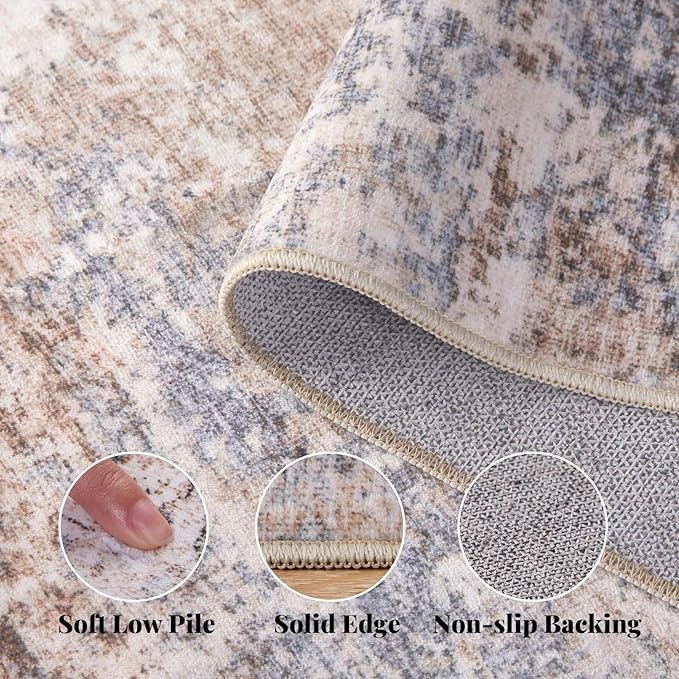 Area Rug Living Room Washable Rugs: 6x9 Modern Neutral Abstract Low Pile Non Slip Floor Carpet - Large Soft Thin Stain Resistant Rug for Bedroom Dining Indoor Office Home, Brown Grey