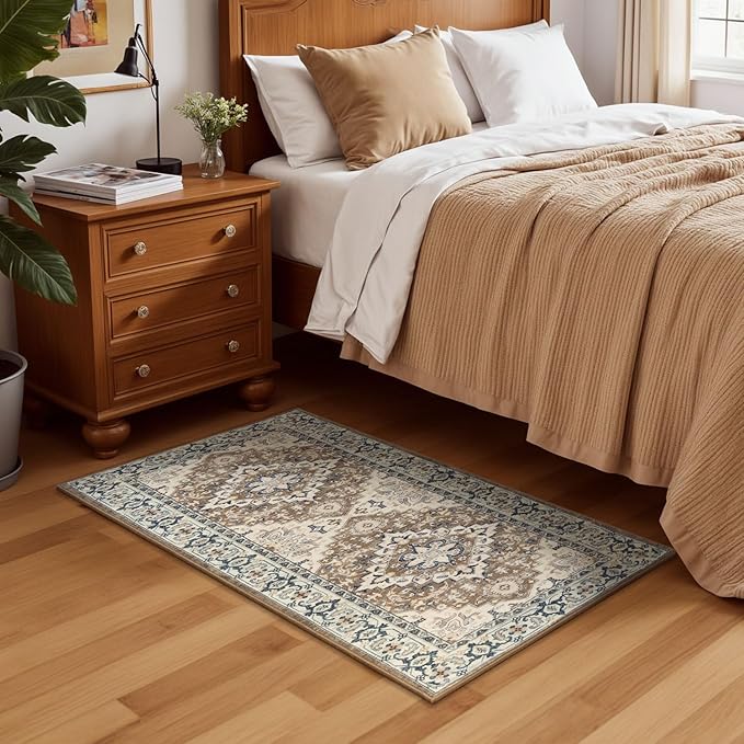 Lessymo 2 x 4 Entryway Rug, Machine Washable Area Rugs Boho Faux Wool Low Pile Area Rug for Bedroom, Floral Medallion Vintage Outdoor Rugs with Non-Slip Rubber,Brown Beige