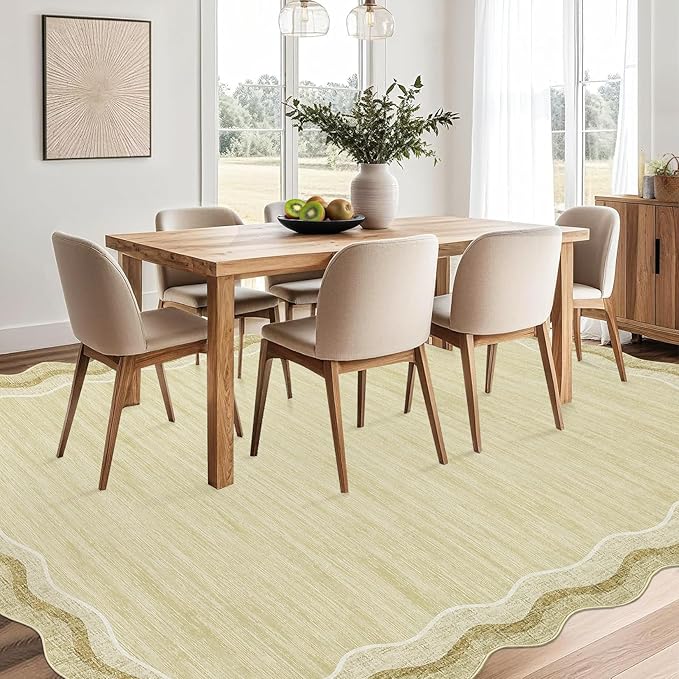 GarveeHome Scalloped Washable 5x7 Area Rugs for Living Room Modern Solid Rug for Bedroom Dining Room, Non Slip Scalloped Throw Rug with Rubber Backing, Soft Low Pile Dorm Nursery Carpet Beige 5x7