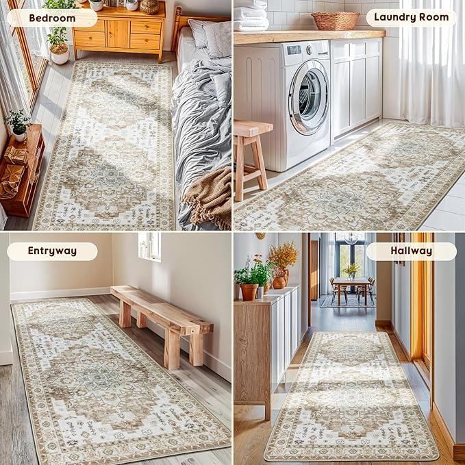 LBRO2M Boho Washable Runner Rug 2'6“X8’ Cream Washable Hallway Runner Rugs Non Slip Low Piles Rugs, Soft, Area Rug Runners for Hallways, Bedroom, Kitchen Laundry Room (2'6"X8', Cream)