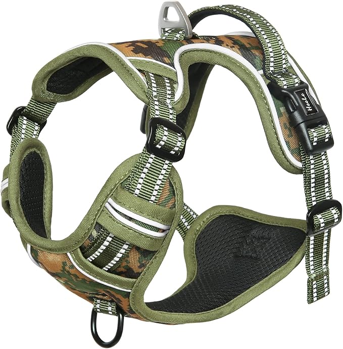 HEELE Dog Harness, No Pull Adjustable Padded Reflective Harness for Small Medium Large Dogs with Handle for Walking Training, Camo Green, L
