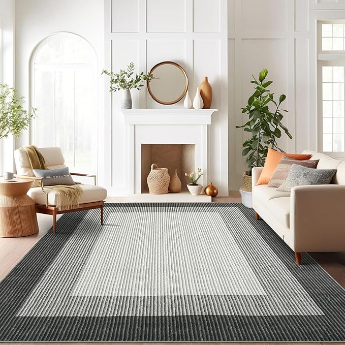 GarveeHome Washable Rug 8x10 Living Room Rug, Modern Neutral Bordered Rug for Dining Room Solid Non Slip Low Pile Pet Friendly Large Carpet for Farmhouse Apartment Bedroom Dorm Grey