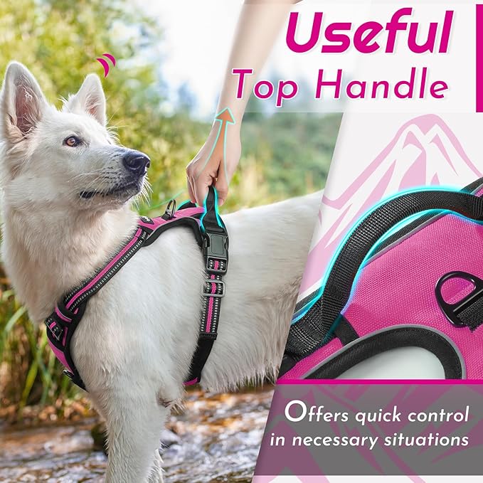 Eagloo Dog Harness Large Breed, No Pull Service Vest with Reflective Strips and Control Handle, Adjustable and Comfortable for Easy Walking, No Choke Pet Harness with 2 Metal Rings, Rose Red, XL