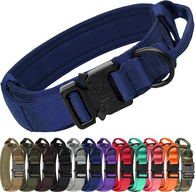 Joytale Tactical Dog Collar with Handle, Adjustable Heavy Duty Military Collar with 2 Patches for Training, Suitable for XLarge Dogs, Navyblue, XL