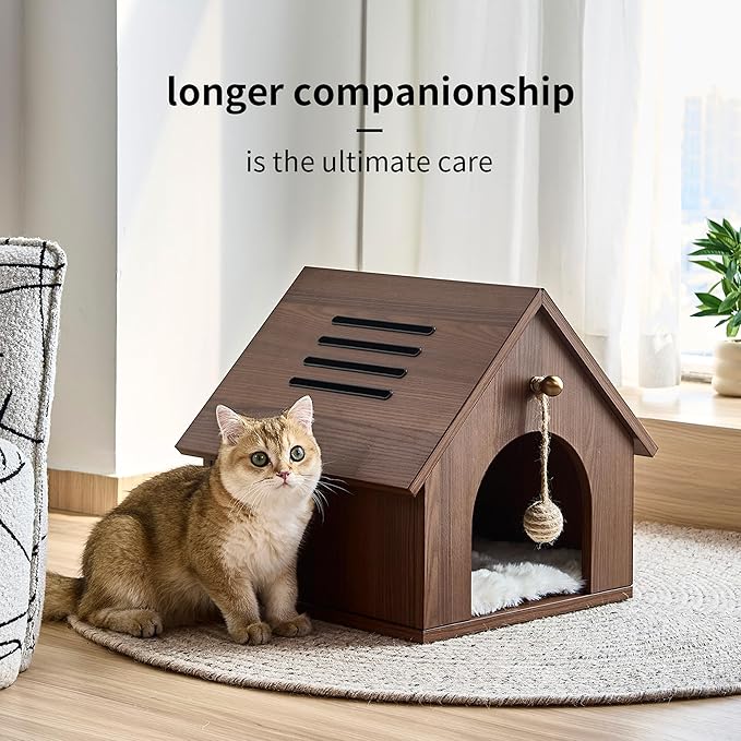 Cat House for Indoor Cats - Modern Wooden Covered Cat Cave Bed, Sturdy & Durable Cat Hideaway Hanging Ball Toy & Warm Plush Mat Included, Easy Assembly – Follow Video or Instruction Manual.