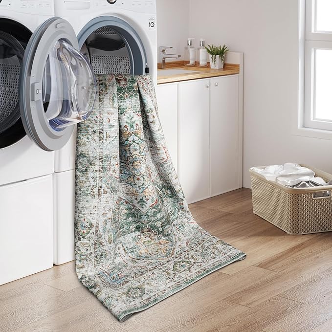 9x12 Area Rug,Ultra-Thin Washable Rugs for Living Room,Non-Slip Lightweight Foldable Area Rug,Stain Resistant Vintage Large Rugs (Green,9'x12')