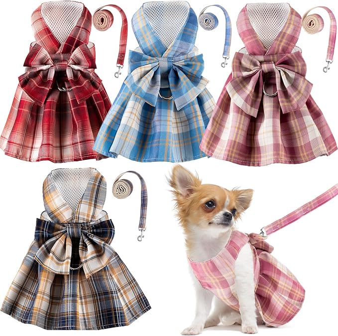 4 Pcs Cute Plaid Dog Dress Set with Bow Tie Harness & Leash for Small Dogs, Puppy Clothes for Girls Outfits(M,Dark Color)