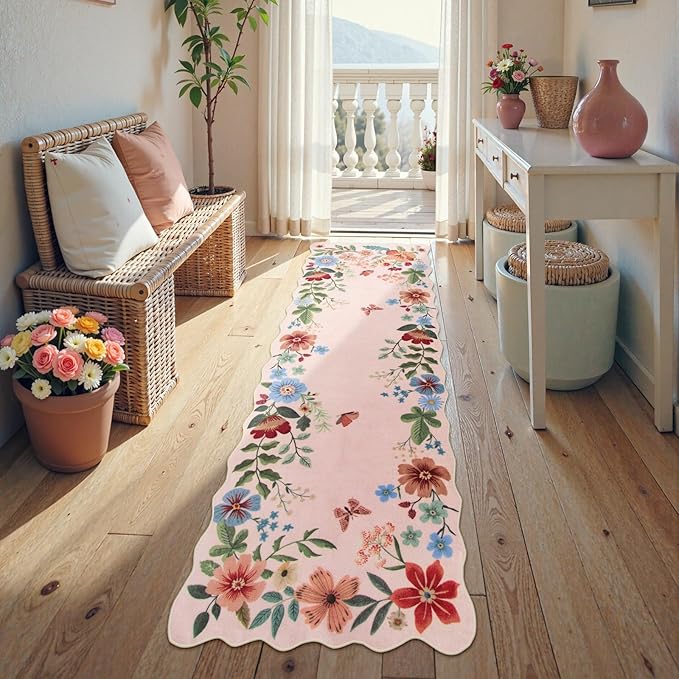 Lahome Floral Kitchen Runner, 2X6 Washable Runner Rug Non-Slip, Ultra-Thin Soft Hallway Rug Stain Resistant Boho Carpet for ‎Bedroom Laundry Bathroom, Light Pink