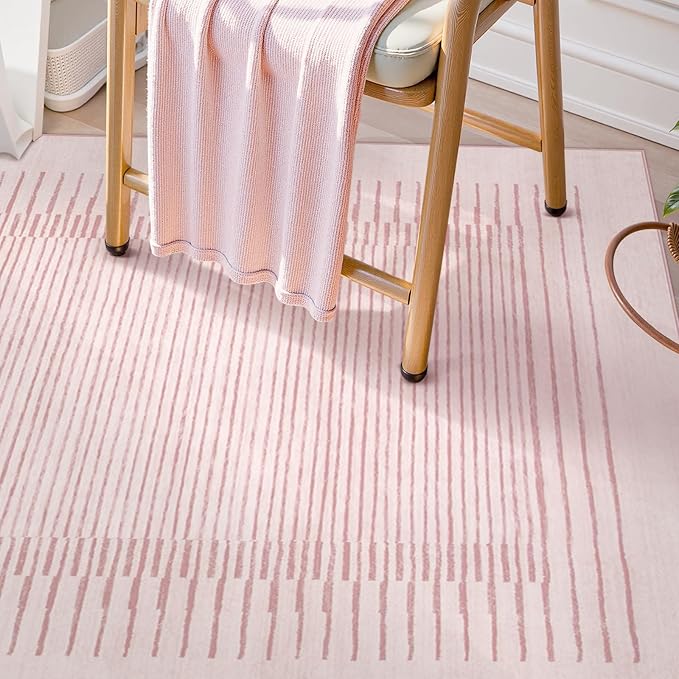 Wonnitar Washable Striped Runners for Hallways 2'6"x8', Non-Slip Soft Pink Runner Rug for Bedroom, Low Pile Minimalist 8ft Runner for Bathroom Laundry Kitchen (Pink, 2'6" x 8')