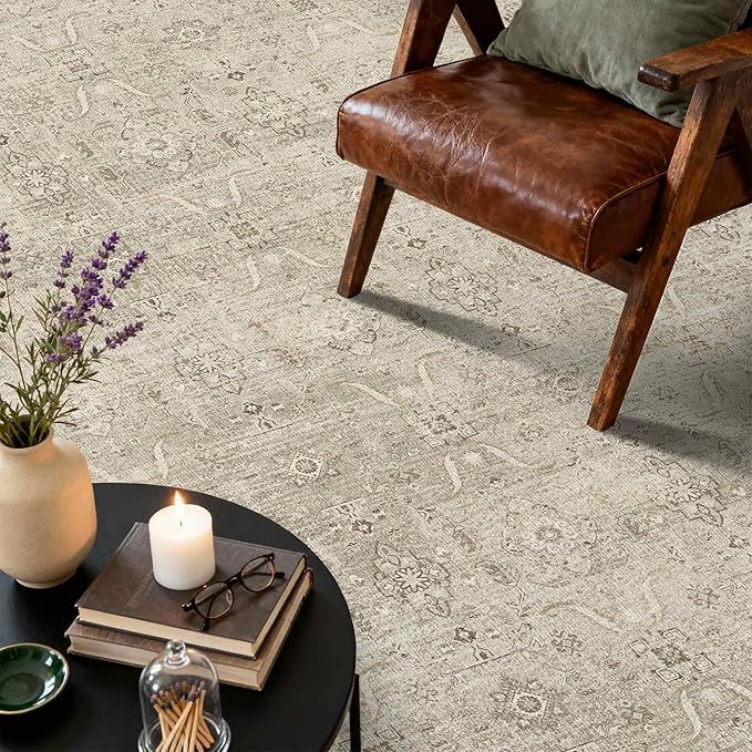 6x9 Area Rugs for Living Room Bedroom, Beige Large Washable Neutral Rug, Vintage Floral Retro Boho Non Slip & Low Pile Carpet for Indoor Dining Room, Classroom, Dorm, Nursery and Kids Room