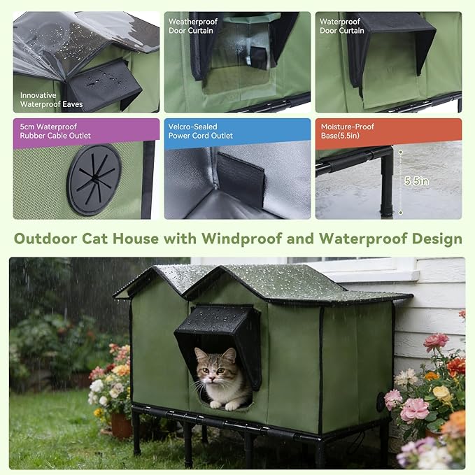 Outdoor Heated Cat House for Outside, Winter Insulated Weatherproof Shelter, 30"x14"x20", Extra Large Elevated with for Multiple Feral Kitties