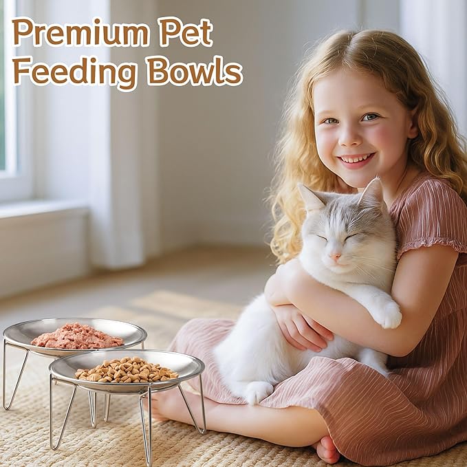 Cat Food Bowls, 2 Pcs Stainless Steel Cats Food and Water Whisker Fatigue Shallow Dishes, Small Dog Puppies Fat Faced Cat Kitten Supplies (2 Plates with Stand)