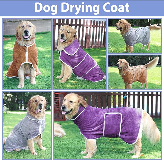 Dog Bathrobe Towel Dog Drying Coat - Super Absorbent Towels Bath Robe for Dogs Large, Soft Adjustable Collar & Belly Strap Fast Drying Coat Pet Cat Bath Robe (Medium Blue‌, Large)