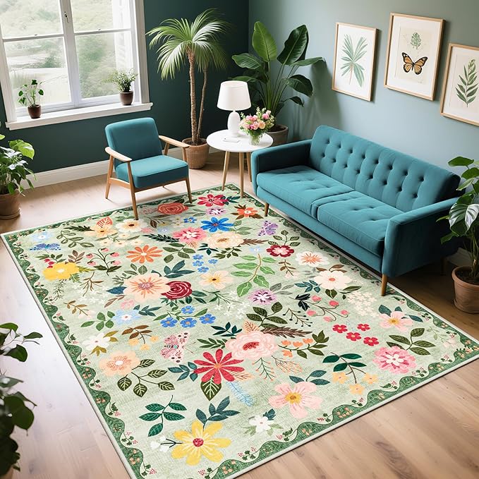 6x9 Area Rugs for Living Room: Floral Washable Rug Vintage Large Soft Boho Non-Slip Carpet Indoor Stain Resistant Thin Carpets for Bedroom Dining Room Farmhouse Nursery Hallway Home Office Green