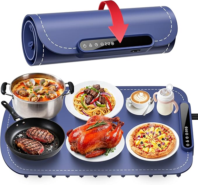 Warming Mat for Food, Upgraded Fast-Heating Electric Warming Tray with 7 Temp Levels & 8 Timers, Buffet Raised Feet & Rollable Silicone Heat Pad, Portable Food Warmer for Home, Party & Travel (Blue)