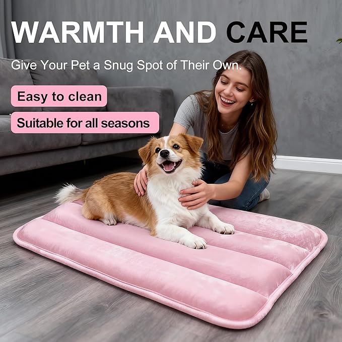 Dog Bed Mat, Reversible Dog Crate Pad with Washable Kennel Mat and Soft Foam, Flat Pet Bed for Dogs & Cats, for Crates Carriers & Travel (Pink, 28" L*16" W*1.5" Th)