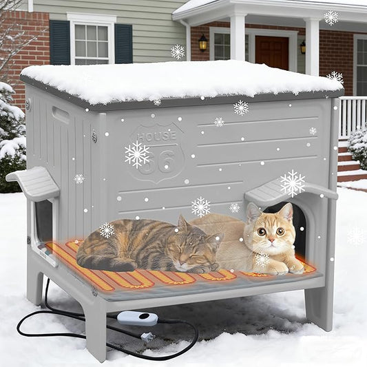 Deblue Heated Cat House for Outside Large Weatherpoof Plastic Cats Houses Outdoor with Escape Door Indoor Waterproof Feral/Pet Cat Shelter for Multiple Cats (Grey)