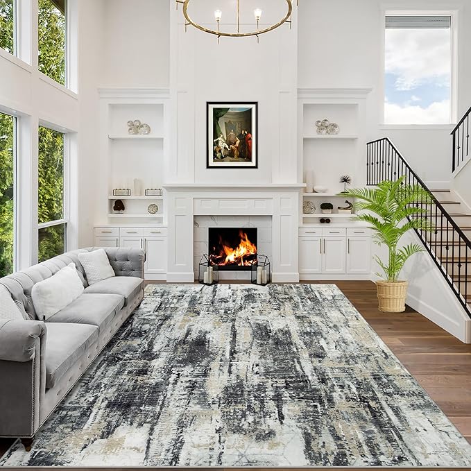 9x12 Area Rugs Washable Rug: Modern Abstract Living Room Rug Soft Anti-Skid Thin Carpet Indoor Floor Non-Shedding Carpets for Bedroom Dining Room Farmhouse Nursery Home Office Black Grey Gold