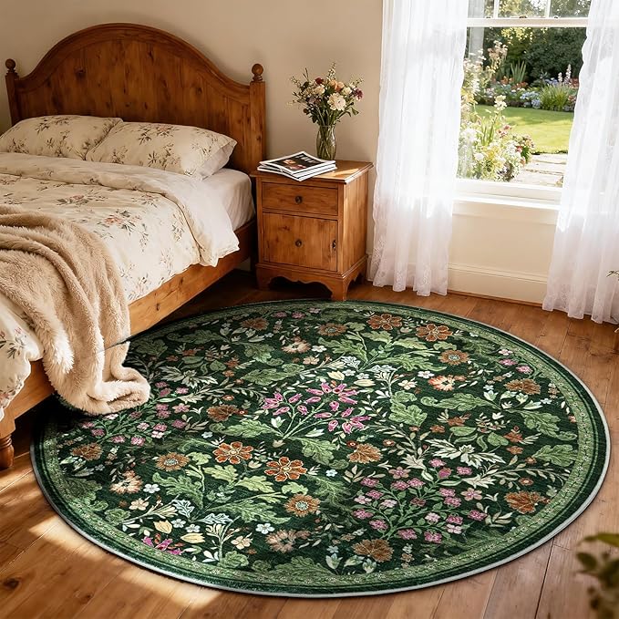 Floral Area Rug for Living Room: 6x6 Washable Soft Low Pile Thin Indoor Carpet, Non Slip Stain Resistant Vintage Flower Boho Accent Large Rugs for Bedroom, Dining, Home Office, Nursery - Green