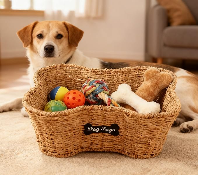 Dog Toy Basket Medium,Dogs Toy Bin, Wicker Storage Basket,Dog Bone Baskets,Dogs Toy Box for Living Room Area,Ideal for Doggie Leash Blanket Toys Treats,Natural Farmhouse Seagrass Basket