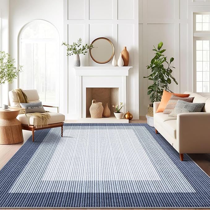 GarveeHome Washable Rug 8x10 Living Room Rugs, Modern Neutral Bordered Rug for Dining Room Solid Non Slip Low Pile Pet Friendly Large Carpet for Farmhouse Apartment Bedroom Dorm Blue