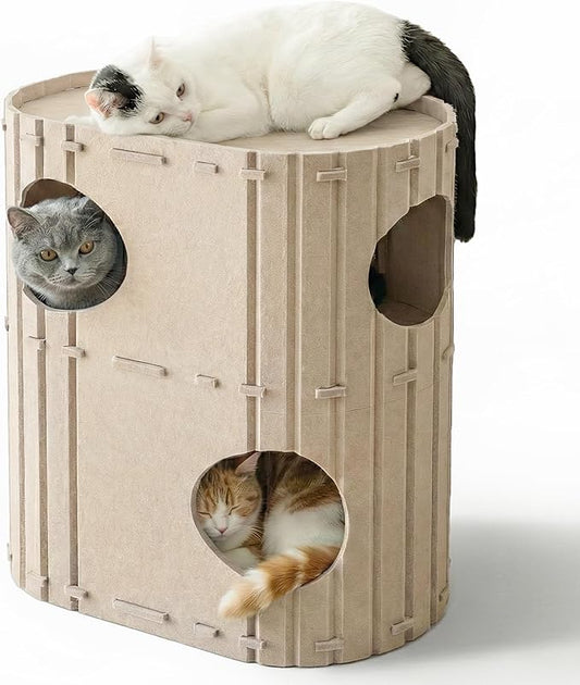 PETKARAY 2-Story Felt Cat House, Large Bed Cave for Indoor Cats, Felt Tunnel Hideaway Condo for Multi-Cat Households, 23.6x22x12 inches, Grey