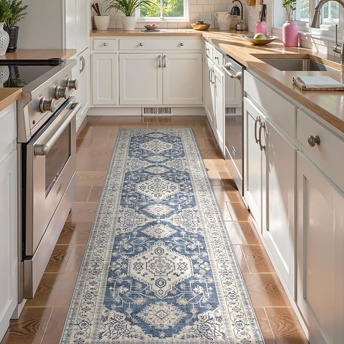 Lahome Oriental Hallway Runner Rug, 2.5x10 Washable Runner Ultra-Thin Hallway Rug for Bedroom Entryway, Soft Long Carpet for Kitchen Bathroom ?랰aundry Room, Blue