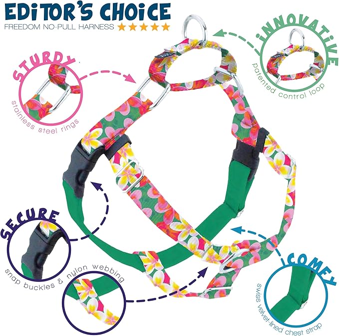 2 Hounds Design - Freedom No-Pull Harness & Training Leash in Green Aloha | Dual Leash Loops, No Pulling on Walks | Lined to Prevent Chaffing | for Large Sized Dogs (Size M, Chest 24”- 28”)