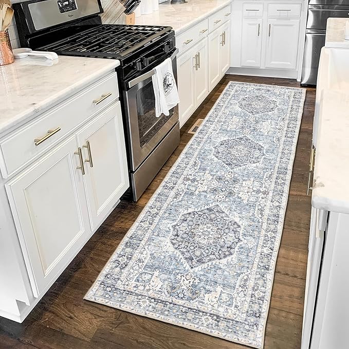 Runner Rug 2횞8, Vintage Boho Rug,Ultra-Soft Low Pile, Washable, Non Slip,Stain Resistant Printed Carpet for Hallway Kitchen Living Room Bedrooms Playroom Office, Light Blue