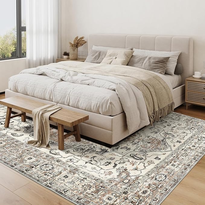 5x7 Area Rugs for Living Room, Stain Resistant Neutral Washable Rugs for Dining Room, Floral Vintage Non-Slip Thin Large Size Area Rug (Brown/Grey)