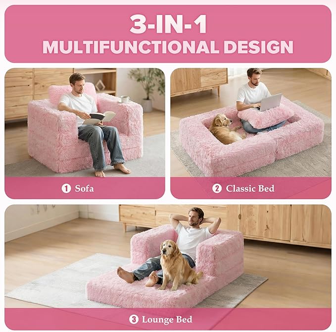 HABUTWAY Convertible Sofa Bed,3-in-1 Folding Futon Sofa Bed with Pillow, Foldable Sleeper Sofa Bed with Removable Cover,Plush Boneless Floor Chair Couch Lounge for Living Room,(Twin,Pink)