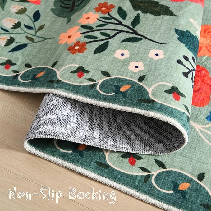 Rugcomf Bedroom Rug 3x5 Rug Washable Area Rug Non Slip Low Pile Boho Floral Small Carpet for Bedroom, Bedside, Kitchen, Entryway, Kids Room, Office, College Dorm Essentials for Girls(Green)
