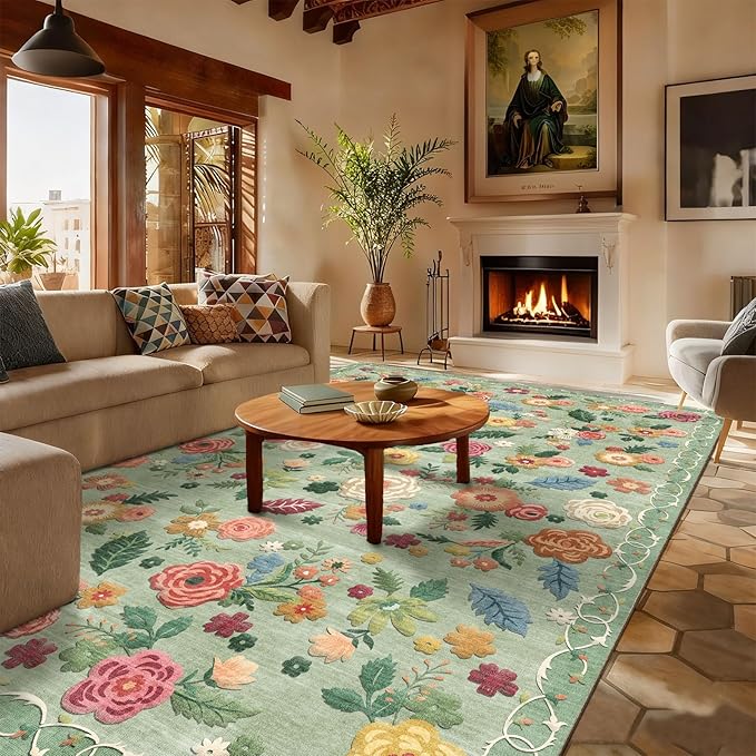 8x10 Area Rugs for Living Room: Washable Rug Stain Resistant Distressed Vintage Green Floral Rug Non Slip Low Pile Faux Wool Soft Large Area Rugs for Bedroom Bedside Farmhouse Dining Room Kids Nursery