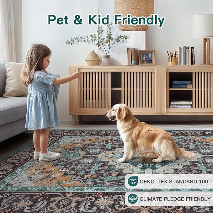 Lofus 6x9 Area Rugs for Living Room, Washable Area Rug, Rugs for Bedroom, Kitchen, Vintage Boho Carpet, Soft Non-Slip, Low Pile Large Area Rug for Office Dining Room, Floral Green